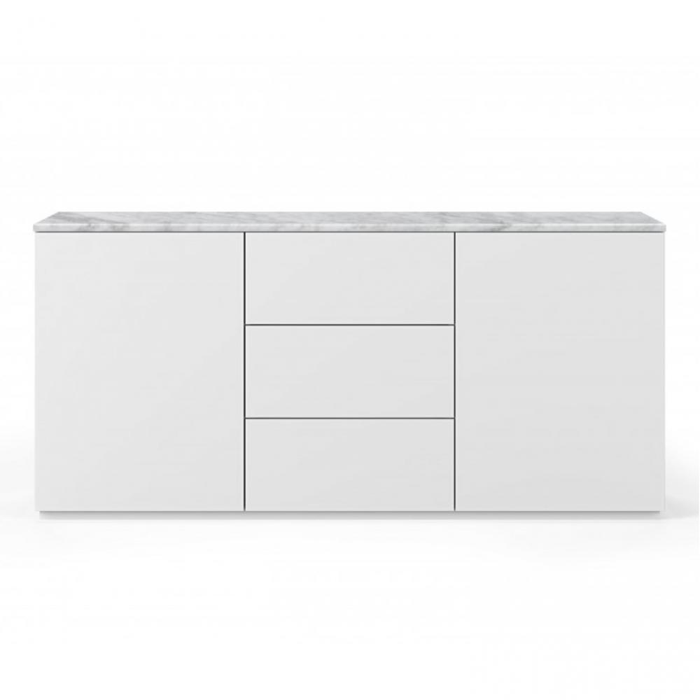 Buffet WHITY 2 blanc mat 180cm 2 portes/3 tiroirs Plateau en Marbre blanc